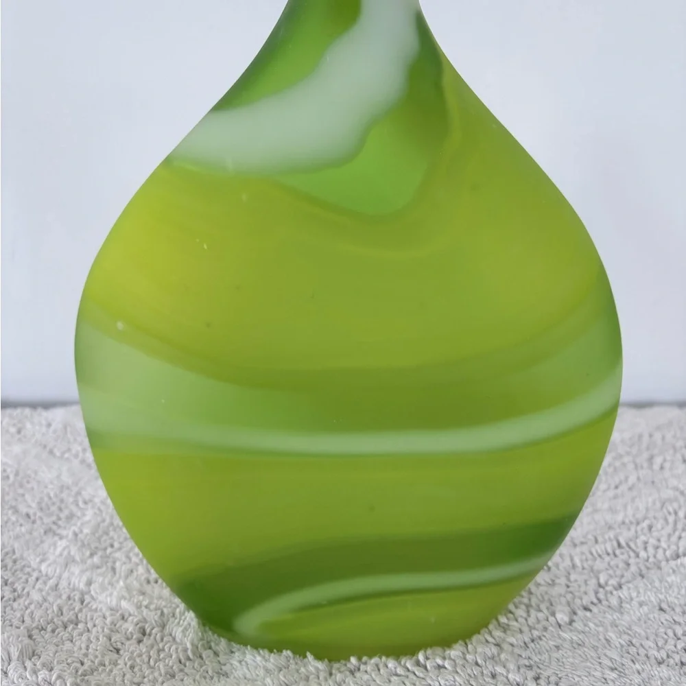 CRATE & BARREL Frosted Glass LIMA Vase Greens White Swirl 11